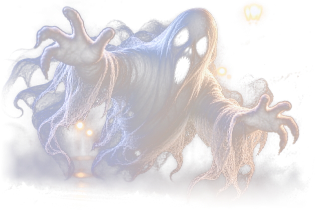 Fantasma Bianco realistica: corpo fumoso, artigli e occhi arancioni luminosi